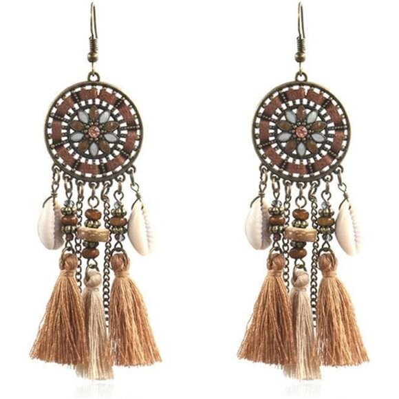 Boho Dreamcatcher Tassel Earrings | Feather & Turquoise Dangle Designs - Picture 1 of 7